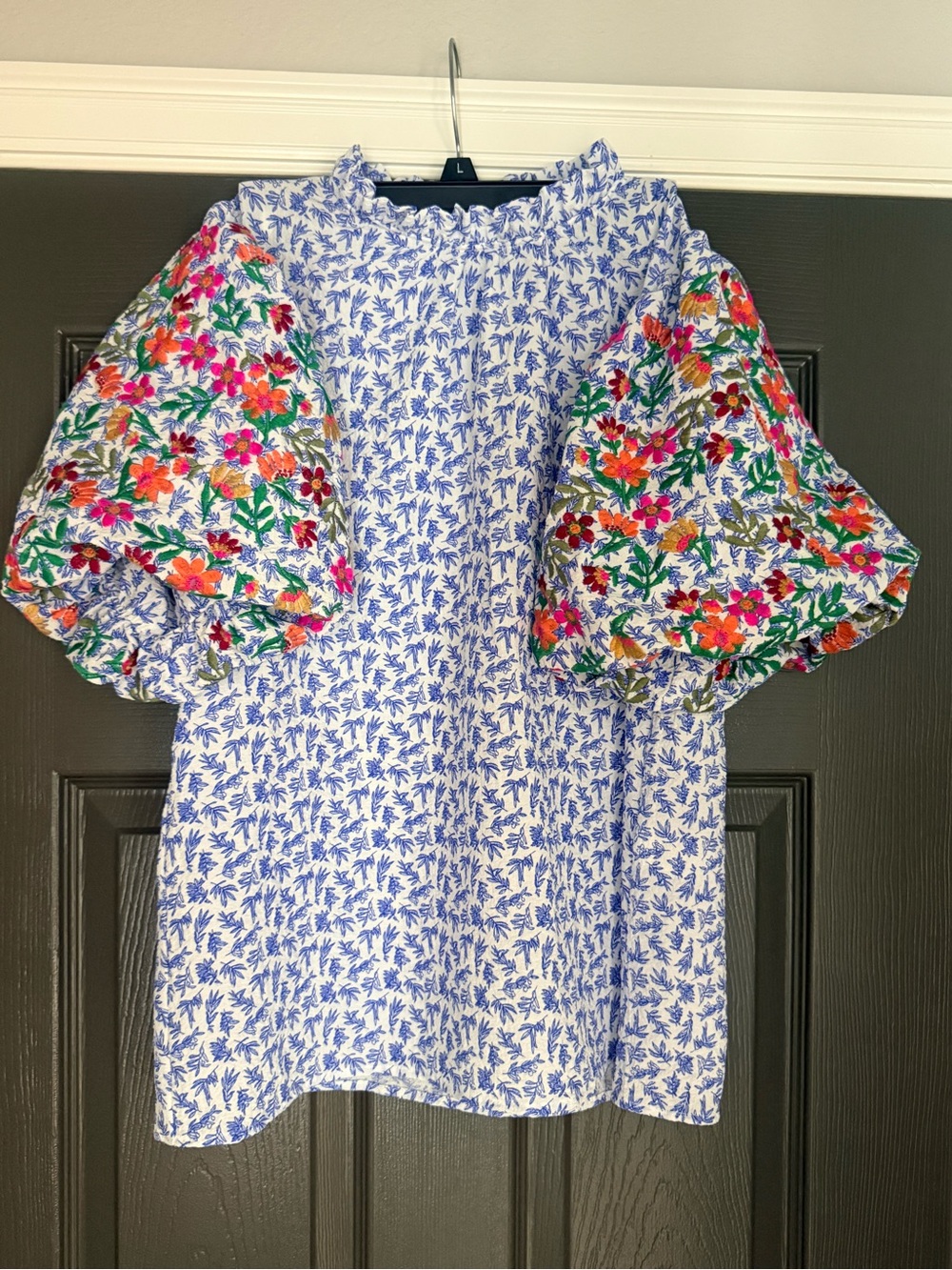 THML Blue Floral Puff-Sleeve Top with Multicolor Embroidery